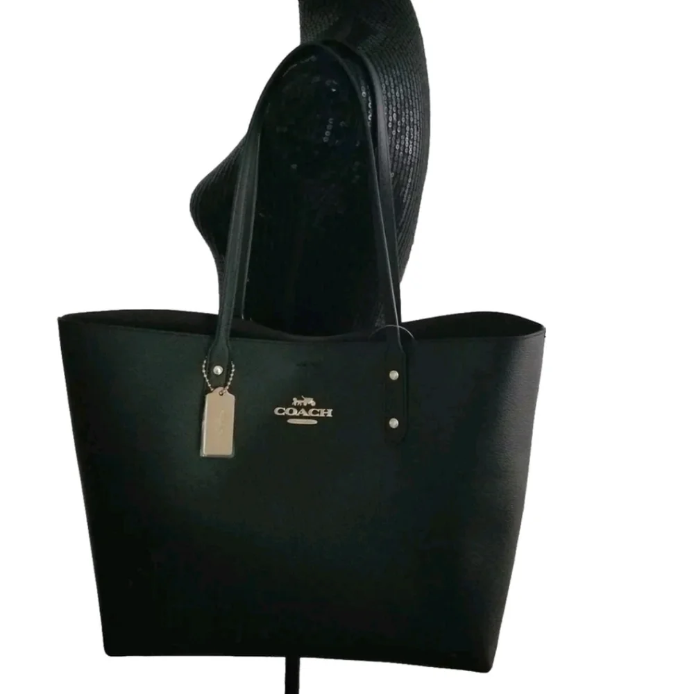SOLD! NWT Authentic Coach Town Tote Black Leather Gold Hang Tag MSRP$398